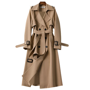 Women's khaki XXXL luxury camel double-breasted trench coat featuring a classic collar, long sleeves, and fashionable design.