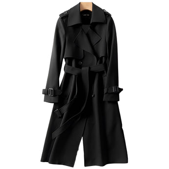 Women's black double-breasted trench coat in XXXL size, featuring a classic collar and long sleeves, designed for formal wear and fashion-forward style.