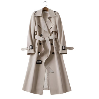 Women's luxury camel double-breasted trench coat in beige, featuring long sleeves, a classic collar, and a tailored fit for a formal and elegant look, available in size XXXL.