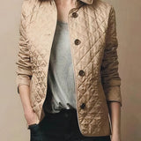 
A luxury red quilted slim fit jacket for women, featuring a designer fashion style with a tartan pattern. The jacket has a stylish collar, long sleeves, and is tailored to accentuate the waist. Displayed in a Cachi color, size 4XL.
