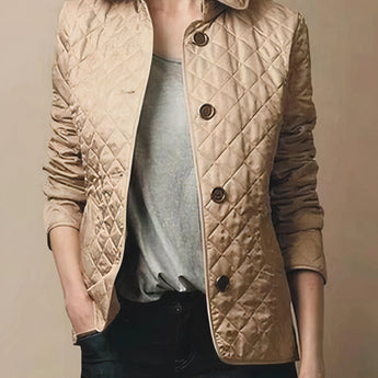 
A luxury red quilted slim fit jacket for women, featuring a designer fashion style with a tartan pattern. The jacket has a stylish collar, long sleeves, and is tailored to accentuate the waist. Displayed in a Cachi color, size 4XL.