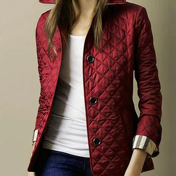 Women's luxury burgundy red quilted slim fit jacket in size 4XL, featuring a designer fashion style with a collar, long sleeves, and a tailored look.