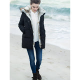 Women's luxury white puffer jacket with a fur hood, featuring a sleek design and comfortable fit, worn by a smiling woman outdoors.
