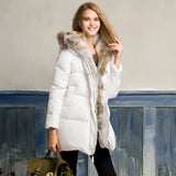 Women's luxury white puffer jacket with fur hood, featuring sleeves and a collar, designed to keep warm during winter, made from natural materials.