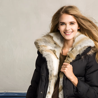 Women's luxury white puffer jacket with fur hood, featuring long sleeves and a tailored waist, worn by a smiling model. The jacket is made from natural materials and designed for winter fashion, captured under flash photography.