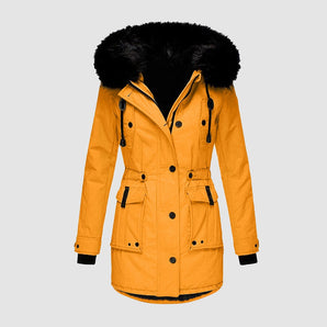 Women's mustard insulated winter coat in 3XL with a black fur hood, featuring long sleeves and a collar.