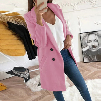 
A stylish mustard yellow wool coat for women, featuring a long overcoat design. The coat has a classic collar, full-length sleeves, and a tailored waist for a flattering fit.