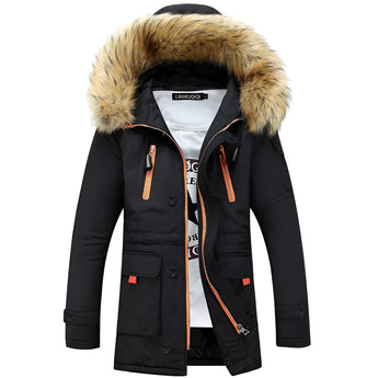 
A navy blue women's parka with a hood lined with faux fur, featuring insulated and water-resistant material. The coat has long sleeves and a high collar for added warmth, styled for fashion and practicality.