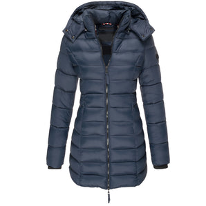 Navy blue hooded down jacket designed for women, featuring a water-resistant material and thermal insulation, displayed in 3XL size with a focus on the coat's collar and long sleeves.