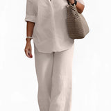 Women's beige linen shirt and pants set in 5XL, featuring long sleeves, a collared neckline, and a relaxed fit, suitable for a casual summer outfit.