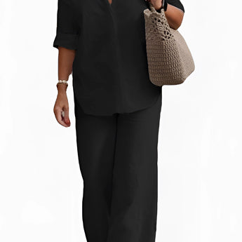Women's navy blue linen shirt and pants set displayed on a mannequin, featuring a casual summer style. The shirt has a classic collar and long sleeves, with a comfortable fit around the waist. The set is shown in a Nero color, size 5XL.
