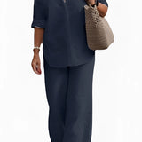 Women's navy blue linen shirt and pants set, casual summer outfit, displayed in dark blue color, size 5XL. The image highlights the shirt's collar and sleeves, along with the overall relaxed fit suitable for warm weather.