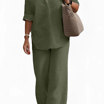 Women's military green linen shirt and pants set with a casual design, featuring a dress shirt style with a collar, sleeves, and waist-defining details, suitable for a summer outfit.