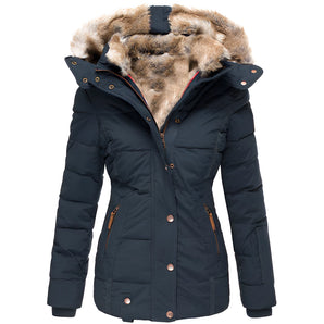 Women's navy insulated parka with faux fur hood, featuring long sleeves and a high collar, designed for thermal warmth and water resistance, displayed in a blue color, size 2XL.
