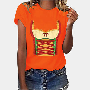 Women's novelty corset T-shirt in orange XL with a unique graphic design, featuring a sleeveless style and a detailed collar and chest area, ideal for Oktoberfest celebrations.