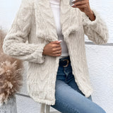 Women's off-white textured fleece jacket with faux fur collar, featuring long sleeves and a stylish design.