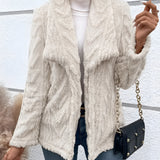 Women's off-white textured fleece jacket featuring a faux fur collar, showcased with a focus on outerwear style, shoulder design, and sleeve detail.