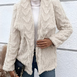 Women's off-white textured fleece jacket with a faux fur collar, featuring long sleeves and a stylish design.