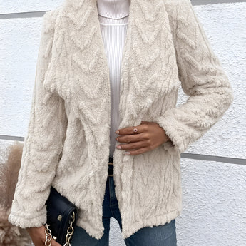 Women's off-white textured fleece jacket with a faux fur collar, featuring long sleeves and a stylish design.