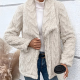 Women's off-white textured fleece jacket with faux fur collar, featuring long sleeves and a cozy design, displayed in an apricot XL variant.