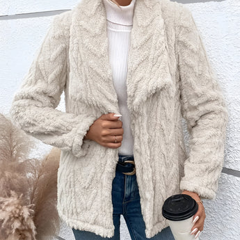 Women's off-white textured fleece jacket with faux fur collar, featuring long sleeves and a cozy design, displayed in an apricot XL variant.
