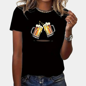 Women's white Oktoberfest-themed T-shirt featuring a beer mug print, ideal for craft beer enthusiasts, with short sleeves and a comfortable jersey fabric.