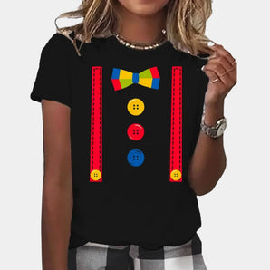Women's black Oktoberfest T-shirt in XL featuring a quirky design with buttons and suspenders printed on the front.