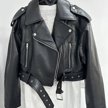 Women's olive green belted biker leather jacket with asymmetric zip, featuring a sleek collar and long sleeves.