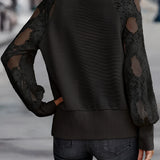 Women's olive green sweater featuring delicate lace sleeves, showcasing a trendy knitwear design with a focus on outerwear fashion.