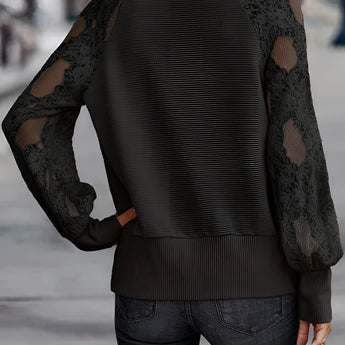 Women's olive green sweater featuring delicate lace sleeves, showcasing a trendy knitwear design with a focus on outerwear fashion.