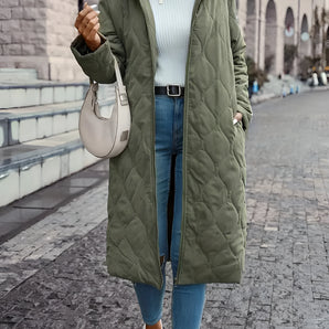 Women's olive green quilted puffer coat, knee-length winter jacket with a high collar and full sleeves, designed for warmth and style.