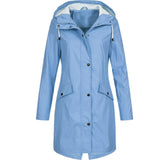 
A light blue women's long raincoat with a hood, featuring a button closure and long sleeves, designed to be lightweight and stylish. The raincoat is tailored for a 4XL size.