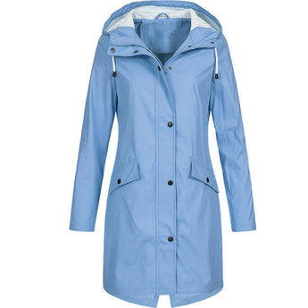 
A light blue women's long raincoat with a hood, featuring a button closure and long sleeves, designed to be lightweight and stylish. The raincoat is tailored for a 4XL size.