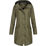 Olive green waterproof hooded long raincoat for women, featuring a stylish design with long sleeves and button details, suitable for plus size 4XL.