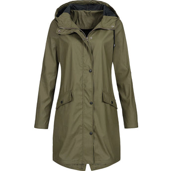Olive green waterproof hooded long raincoat for women, featuring a stylish design with long sleeves and button details, suitable for plus size 4XL.