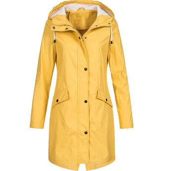 A women's olive green waterproof hooded long raincoat, lightweight and stylish, shown in a yellow color variant. This raincoat features long sleeves, a collar, and a trench coat design.