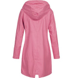 Women's olive green waterproof hooded long raincoat with sleeves, featuring a stylish design and lightweight material.