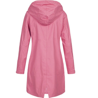 Women's olive green waterproof hooded long raincoat with sleeves, featuring a stylish design and lightweight material.