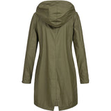 Olive green waterproof hooded long raincoat for women with long sleeves and a stylish collar design.