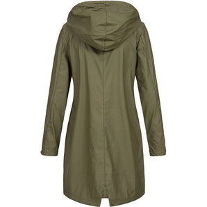 Olive green waterproof hooded long raincoat for women with long sleeves and a stylish collar design.