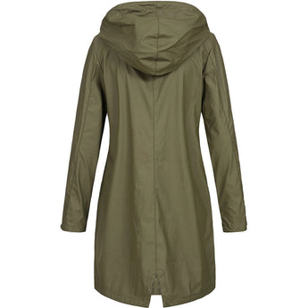 Olive green waterproof hooded long raincoat for women with long sleeves and a stylish collar design.