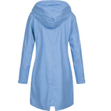 Women's olive green waterproof hooded long raincoat, lightweight design with long sleeves, featuring a stylish collar.