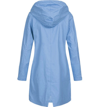 Women's olive green waterproof hooded long raincoat, lightweight design with long sleeves, featuring a stylish collar.