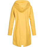 Olive green waterproof hooded long raincoat for women, featuring a lightweight and stylish design with long sleeves and a high collar.