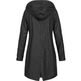 
Women's olive green waterproof raincoat with a hood, featuring long sleeves and a stylish, lightweight design.