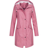 Women's pink lightweight hooded raincoat in size 4XL, featuring long sleeves, button details, and a stylish design suitable for wet weather.