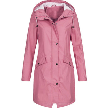 Women's pink lightweight hooded raincoat in size 4XL, featuring long sleeves, button details, and a stylish design suitable for wet weather.