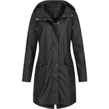 Olive green waterproof hooded long raincoat for women, featuring a lightweight design with a stylish fit, buttons, and long sleeves.