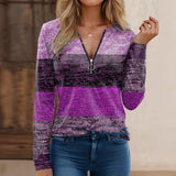 Women's ombre gradient knit sweater in multicolor earth tones, featuring a predominantly purple hue, displayed in XL size with long sleeves and a round neckline.