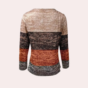 Women's multicolor ombre gradient knit sweater featuring earth tones, long sleeves, and a soft woolen texture.
